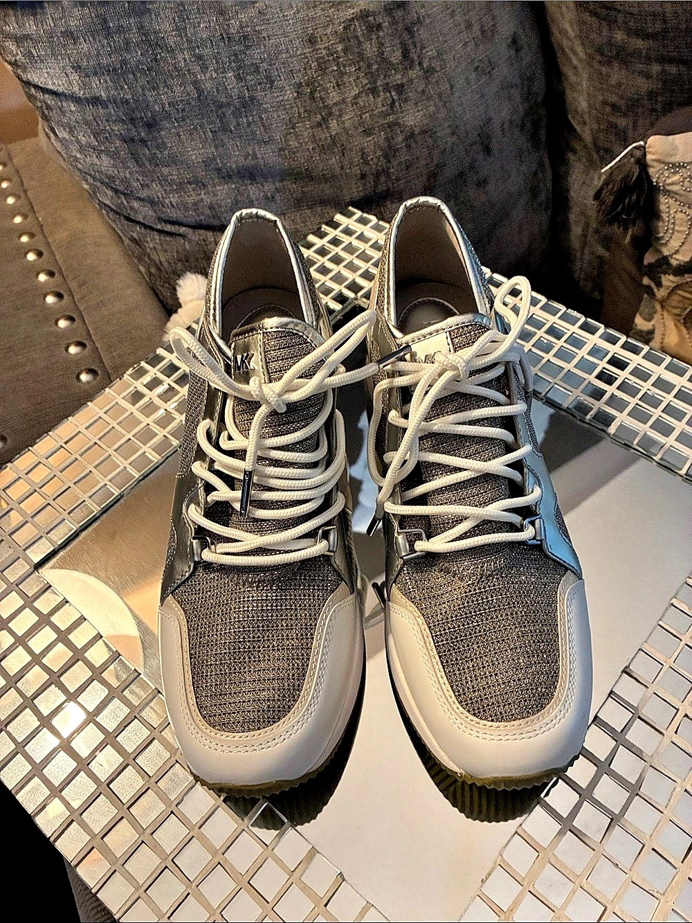Michael Kors Olympia Extreme Glitter and Leather Trainer Gray & White Sneakers